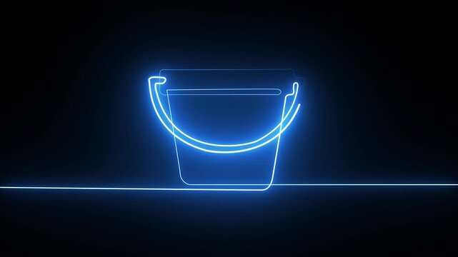 Neon blue bucket outline drawn in a single continuous line on a dark black background