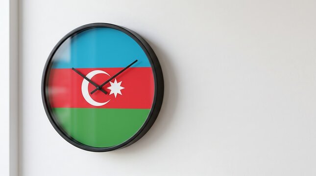 Modern round wall clock featuring Azerbaijan national flag design hanging on white wall