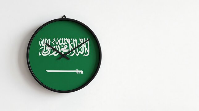Wall clock featuring the national flag of Saudi Arabia on a clean white wall representing time zone and international business concepts