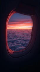 Naklejka premium Scenic view of a golden sunset over a dense layer of fluffy clouds seen through an airplane porthole window.