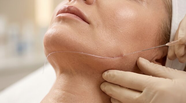 PDO thread lift procedure on jawline of mature woman macro close up