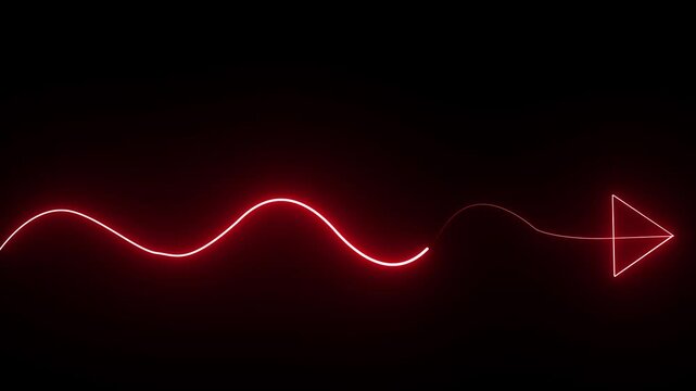 Glowing red neon arrow sign with wavy line path on dark background