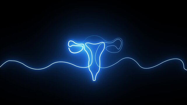Neon glowing line art illustration of a human female uterus and ovaries on a black background