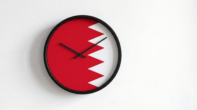 Sleek black wall clock displaying Bahrain national flag face on white wall background