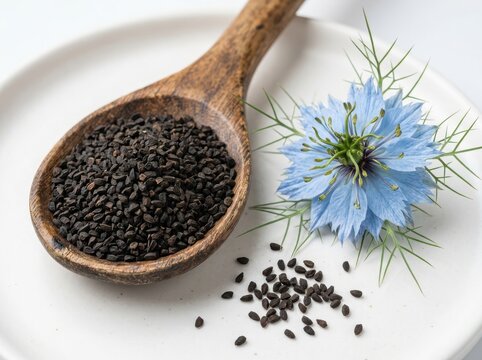Black cumin seeds in a wooden spoon with a beautiful blue nigella flower on a plate isolated on white background