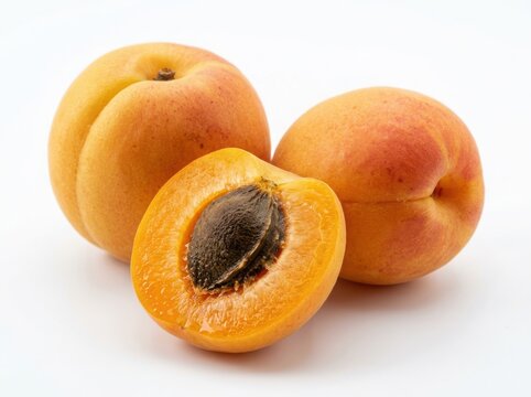 Fresh whole and sliced orange apricots with pits arranged together isolated on white background