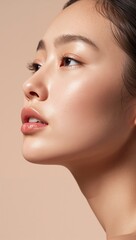 Fototapeta premium Beautiful young Asian woman with radiant glowing skin in side profile, highlighting natural beauty, skincare, hydration and flawless complexion on a soft neutral background.