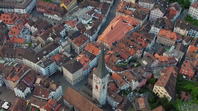 Aerial panoramic view above the old town around the city Chur in Switzerland on a sunny summer afternoon. 