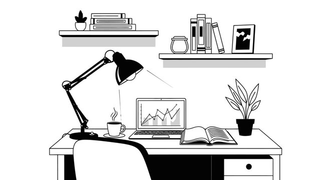 Desk setup with laptop plant books and desk lamp for study and work