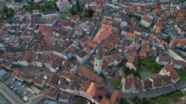 Aerial panoramic view above the old town around the city Chur in Switzerland on a sunny summer afternoon. 
