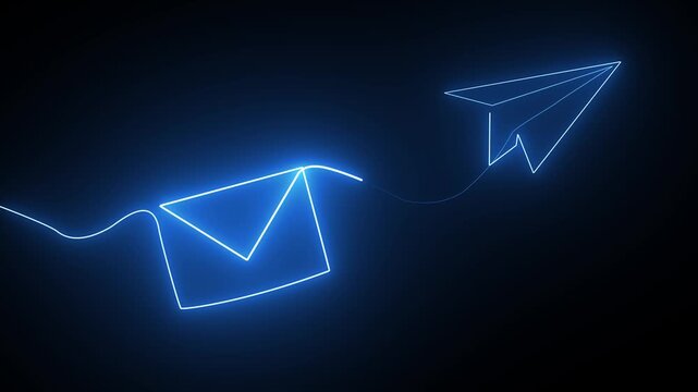 Neon blue paper plane flying from an envelope symbol on a dark background