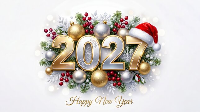 Happy new year 2027 greeting design with golden numbers and christmas, greeting