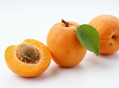 Fresh organic apricots with green leaves and one sliced half fruit showing the pit inside isolated on white background