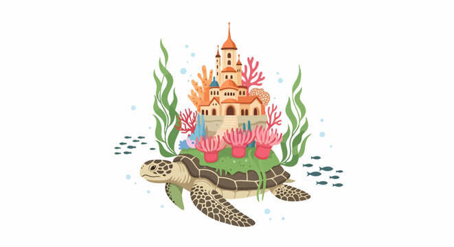 Fantasy underwater castle on a sea turtles back.