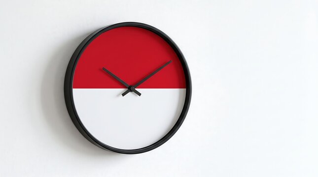 Minimalist wall clock with Indonesia national flag design on white wall