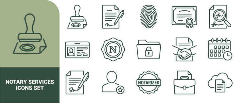 Notary services icon set, collection of linear symbols featuring official documents, rubber stamps, fingerprints, identification cards, and legal seals on a white background