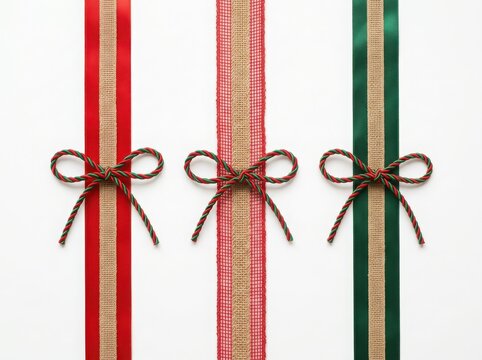 Three colorful fabric ribbons with decorative bows for christmas gift wrapping and holiday present decoration isolated on white background