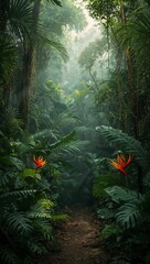 Naklejka premium Lush tropical rainforest pathway illuminated by dramatic sun rays filtering through dense jungle foliage, creating a serene and mysterious nature scene.