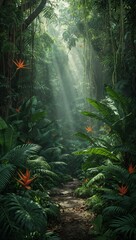 Naklejka premium Lush tropical rainforest pathway illuminated by dramatic sun rays filtering through dense jungle foliage, creating a serene and mysterious nature scene.