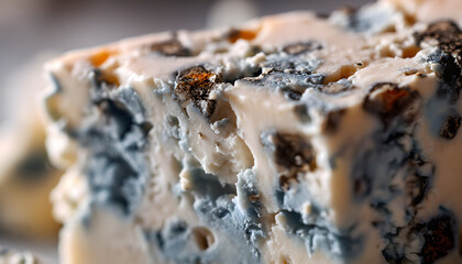 Fototapeta premium Macro view of Bleu d'Auvergne cheese revealing creamy texture, natural mold veins and organic patterns. Detailed food footage with shallow depth of field.