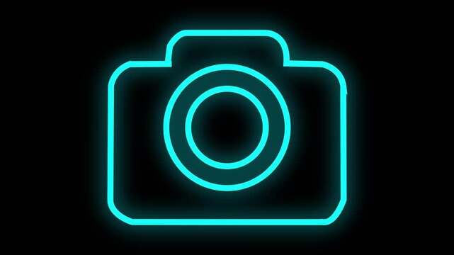 Neon camera icon with glowing blue lines on transparent background  symbol for photography and technology