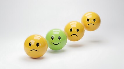 Naklejka premium Customer satisfaction rating scale with emoji spheres, emotional feedback icons for business survey, glossy 3d emoticons representing user experience