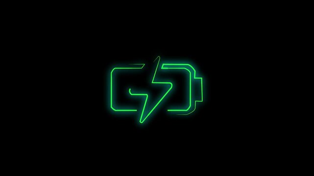 Neon green battery charging icon with lightning bolt on transparent background