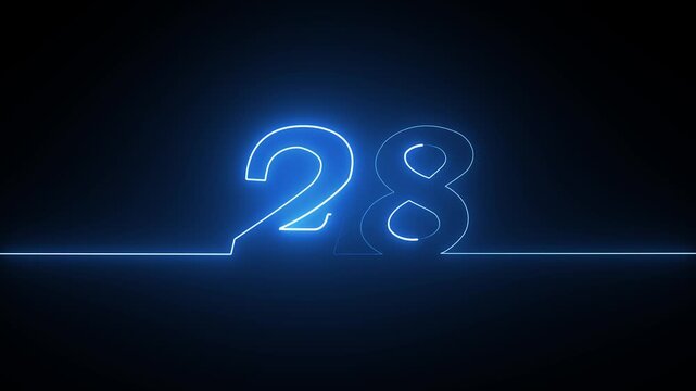 Glowing neon number twenty eight with a continuous blue light line on a dark background