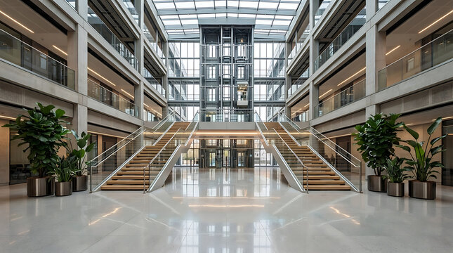 Modern corporate atrium featuring symmetrical wooden staircases and glass elevator shaft under a large skylight in a spacious contemporary office lobby