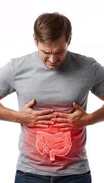 Man experiencing severe abdominal pain with highlighted digestive system, illustrating gastrointestinal disorders, intestinal health and medical diagnosis.