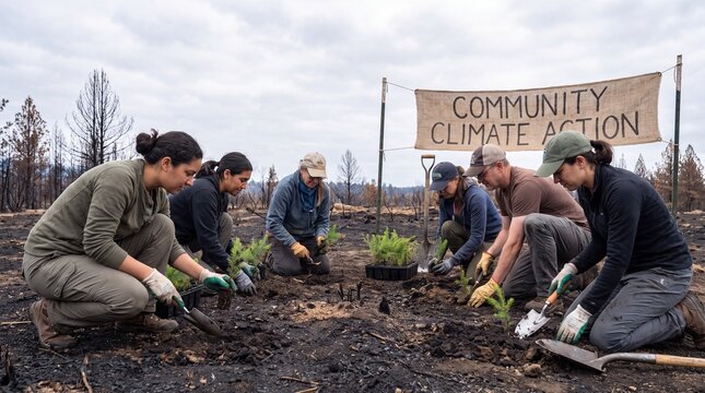 Volunteers planting trees in a burned forest as part of a community climate action initiative