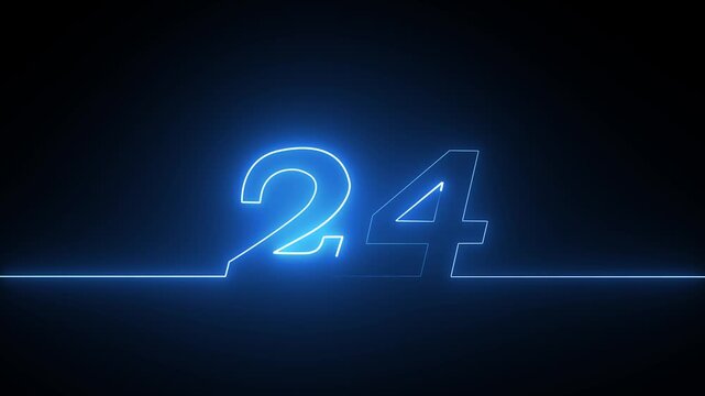Neon blue number twenty four glowing line art on a dark background