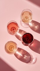 Obraz premium Four glasses of red, white, and rosé wine arranged on a pastel pink background with elegant sunlight shadows, creating a sophisticated tasting and celebration concept.