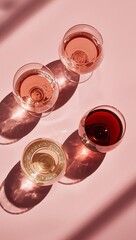 Obraz premium Four glasses of red, white, and rosé wine arranged on a pastel pink background with elegant sunlight shadows, creating a sophisticated tasting and celebration concept.
