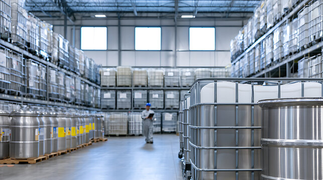 Industrial Warehouse Storage Facility with Worker Inspecting Large Silver Tanks and Intermediate Bulk Containers