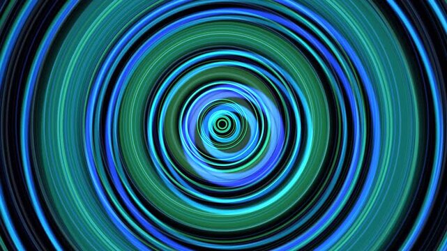 Series of circles of blue and green colors spin and change shape. The patterns create a visual effect of movement and depth. The design is repetitive and rhythmic