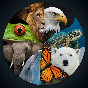 A vibrant collage featuring a majestic lion a powerful eagle a curious frog a wise tortoise a gentle elephant a playful dolphin a striking monarch butterfly and a serene polar bear