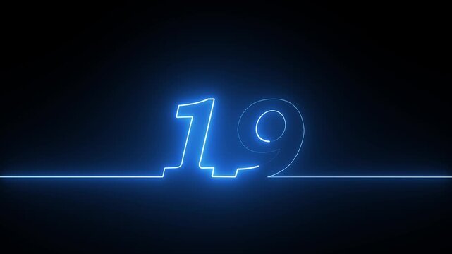Number nineteen neon blue light sign glowing on a dark background