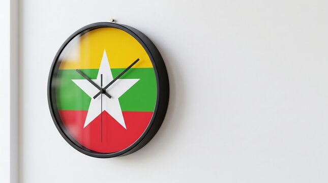Round wall clock with flag of Myanmar face hanging on white office wall with copy space