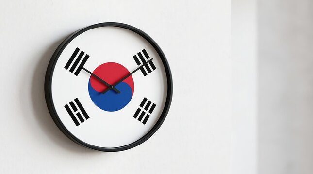Elegant wall clock with South Korea national flag design displayed on plain white wall in bright modern architectural interior space