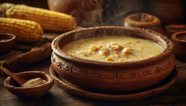Traditional Andean humita gently simmers in a clay bowl, showcasing a creamy corn preparation rooted in regional culinary traditions, close up food shot.