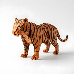 Fototapeta premium Intricately folded origami tiger with detailed black stripes and orange paper showcasing precise folds and lifelike posture ideal for craft inspiration and artistic design projects