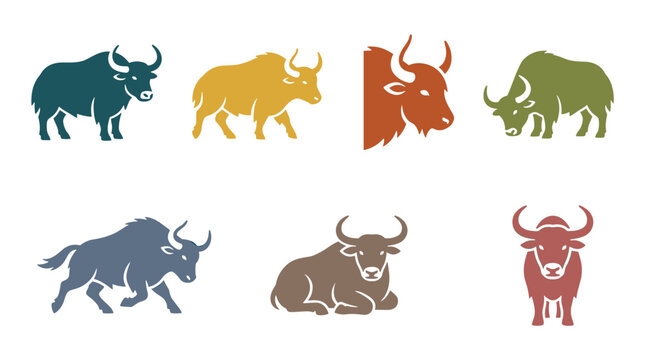 Colorful Bull Icons Set.