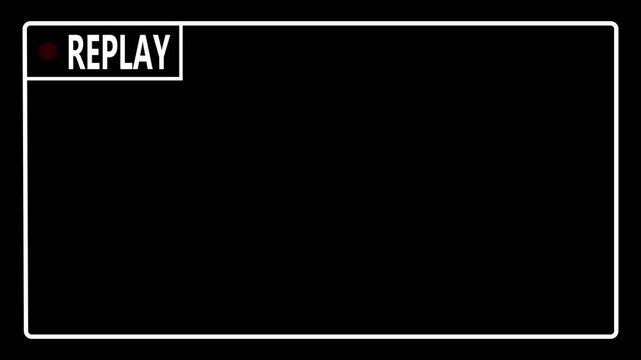 Replay button interface element with red dot and white text on black background  simple video player control symbol