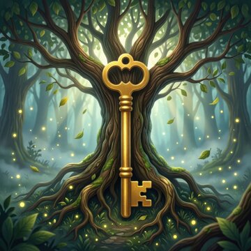 Golden Key Hanging on Ancient Tree in Mystical Forest with Glowing Fireflies