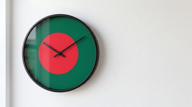 Sleek circular wall clock with Bangladesh national flag design mounted on clean white wall for modern and professional interior styling