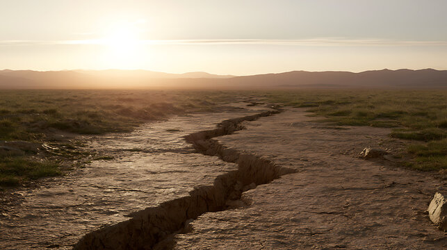 Earth Crack During Golden Hour in Arid Landscape with Distant Mountains Under a Warm Sunset Sky, Sign of Environmental Change