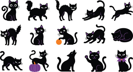 Naklejka premium Halloween black cats collection spooky feline illustrations for october 31st