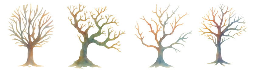 Fototapeta premium Trees lacking leaves are depicted in a soft watercolor wash to symbolize the transition of seasons and the cycle of life in nature.