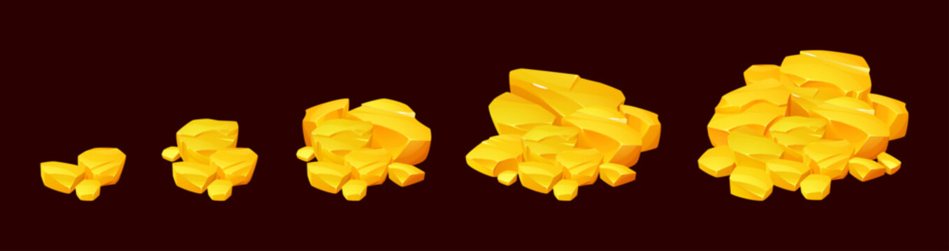 Gold nugget pile with raw ore stones and glowing precious gems isolated on black background. Shiny golden treasure pieces in cartoon vector style for game UI icons and fantasy wealth illustrations.